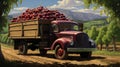 a small truck loaded with glossy, dark cherries, carefully stacked for transport.