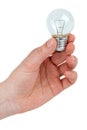 Small tungsten light bulb in hand Royalty Free Stock Photo