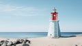 Small turquoise lighthouse with red roof and white ladder, on empty sand beach by the blue sea. Coastal landscape. Generative AI Royalty Free Stock Photo