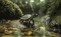Small turtle coming out of the river