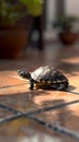 Small turtle traverses tile floor, shell glinting in ambient light
