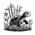 Small turtle walking in the grass with bamboo plants