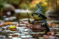 A small turtle wearing a wizard hat is standing in a pond Royalty Free Stock Photo