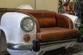 Small Two Seater Leather Sofa in the Shape of a Real White Vintage Car with Round Headlights