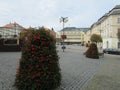 Small typical European cities - Kutna Hora, Czech Republic. Individual architecture. Flower beds on the streets.