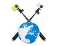 Small Ultra HD Action Cameras with Earth Globe. 3d Rendering