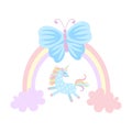 Small unicorn is playing among the clouds, large blue butterfly is sitting on rainbow isolated on white background in vector. Royalty Free Stock Photo