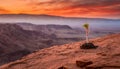 Small unknown seed sprouting on the edge of a mountain of mars, red sky, sunset and dawn and deep dead valley in the background