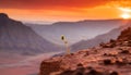 Small unknown seed sprouting on the edge of a mountain of mars, red sky, sunset and dawn and deep dead valley in the background