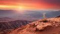 Small unknown seed sprouting on the edge of a mountain of mars, red sky, sunset and dawn and deep dead valley in the background