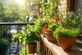 Small urban balcony garden with potted plants. Generative AI Royalty Free Stock Photo