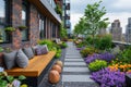 Small urban rooftop garden with benches and pathways amidst flowering plants and shrubs. AI generated.