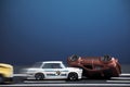 Small vehicles describing a traffic accident due to excessive speed and wrong overtaking or violation of rules Royalty Free Stock Photo