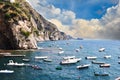 Small vessels sailing along the coast line in Praiano, Amalfi Coast
