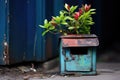 a small, vibrant succulent plant growing inside an old mailbox