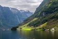 Small village at the banks of the Aurlandsfjord, Norway