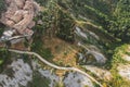 Small village of Chiusure on top of the hill surrounded by Karst cliffs landscape photographed with a drone. Royalty Free Stock Photo