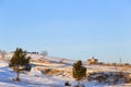 A small village Church on a hill at sunset. Royalty Free Stock Photo