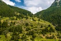 A small village with a church in the Swiss Alps. View of the green slope in the mountains. Idyllic outdoor scene in Royalty Free Stock Photo