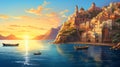 Dreamlike Illustration Of A Majestic Mediterranean Town At Sunset