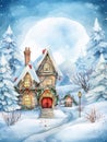 A small village is covered in snow on a winter night. A warm light shines from a window in a house Royalty Free Stock Photo