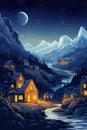 small village and cozy house at mountain at snowy winter, fairytale style illustration Royalty Free Stock Photo