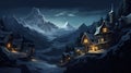 small village and cozy house at mountain at snowy winter, fairytale style illustration Royalty Free Stock Photo