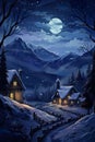 small village and cozy house at mountain at snowy winter, fairytale style illustration Royalty Free Stock Photo