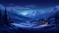 small village and cozy house at mountain at snowy winter, fairytale style illustration Royalty Free Stock Photo