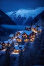 small village and cozy house at mountain at snowy winter, fairytale style illustration Royalty Free Stock Photo