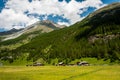 A small village at the foot of the mountain in the Swiss Alps. View of the green slope in the mountains. Idyllic outdoor