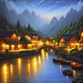 Small village lit up at night