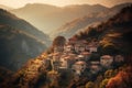 A small village in the mountains with the sun setting behind it Generative AI