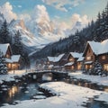 A small village by the river among the mountains in winter. Stone bridge over the river. Generative AI Royalty Free Stock Photo