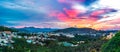 Small village in a tea hill valley on sunset sky Royalty Free Stock Photo