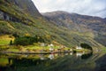 Small village on the waterfront and mountains in the autumn season that reflect the water in Norway Royalty Free Stock Photo