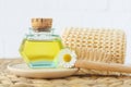 Small vintage bottle with massage chamomile oil, wooden hairbrush and chamomile flower. Aromatherapy, homemade beauty treatment Royalty Free Stock Photo