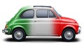 Small vintage fiat 500 car painted in the color of the Italian flag. Royalty Free Stock Photo