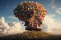 A small vintage house floats through the sky on many colourful balloons created with generative AI technology