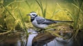 A small wagtail bird sits in the grass