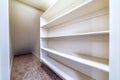 Small walk in closet with empty long cabinet shelves under slanted ceiling