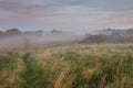 Small walking path on the leftin a field leads into fog. Soft pastel cloudy sky. Stunning nature landscape. Calm and peaceful Royalty Free Stock Photo