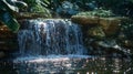 A small waterfall cascades into a tranquil pool where moonbeams dance on the rippling surface. .