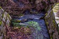 Small waterfall on a creek in winter paneled with branches and grass Royalty Free Stock Photo