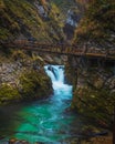 Small waterfall and emerald waters of Vintgar gorge