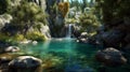 Small waterfall flowing into blue lake surrounded by rocks and green trees growing. AI Generative Royalty Free Stock Photo