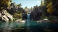 Small waterfall flowing into blue lake surrounded by rocks and green trees growing. AI Generative Royalty Free Stock Photo