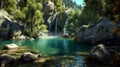 Small waterfall flowing into blue lake surrounded by rocks and green trees growing. AI Generative Royalty Free Stock Photo