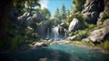 Small waterfall flowing into blue lake surrounded by rocks and green trees growing. AI Generative Royalty Free Stock Photo