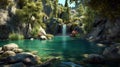 Small waterfall flowing into blue lake surrounded by rocks and green trees growing. AI Generative Royalty Free Stock Photo